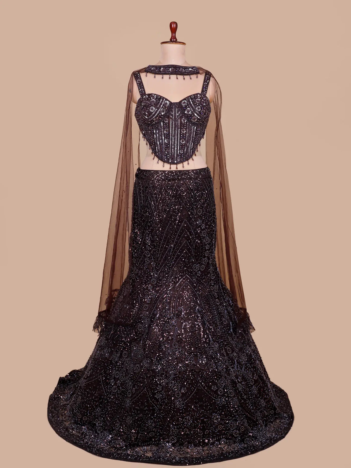 Dark Brown Net Designer Fishcut Lehenga Adorned with Choker Dupatta