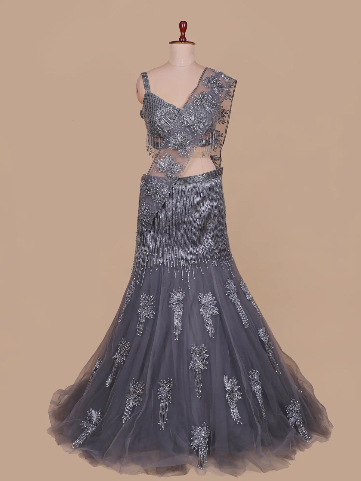 Dark Grey Net Drape Designer Mermaid Lehenga with Diamond Work