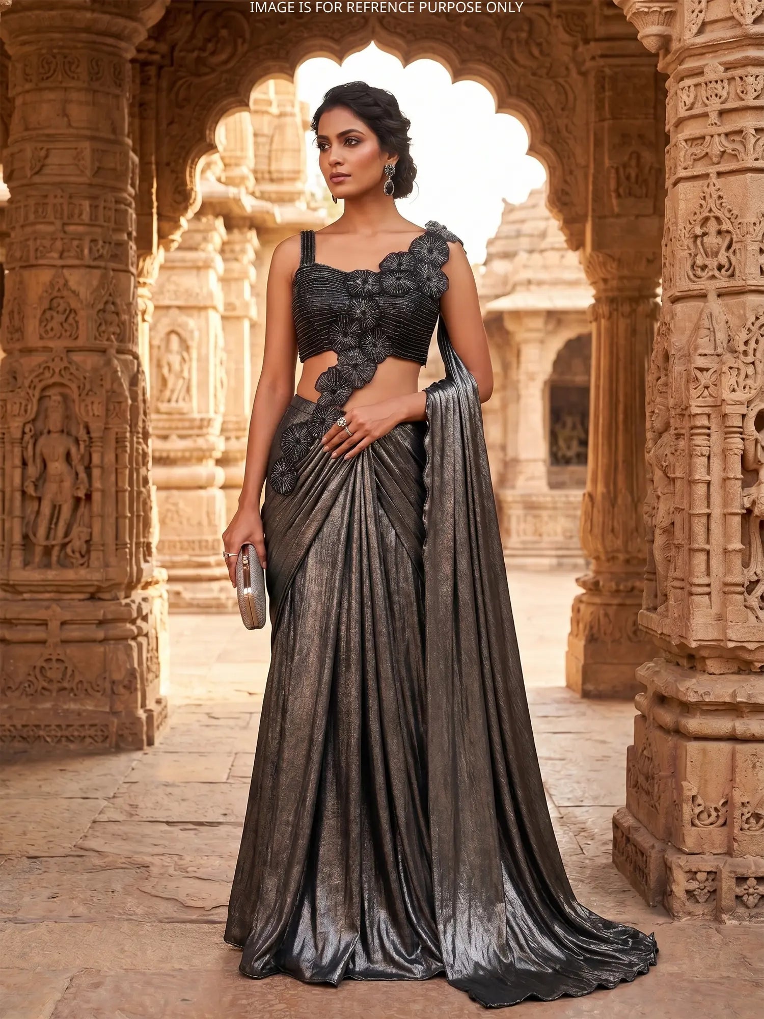 Dark Grey Imported Lycra Pre Draped Saree With Crystal Work