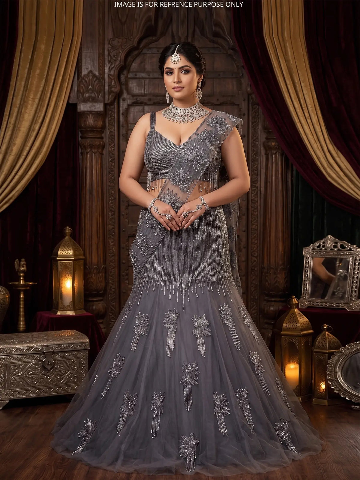Dark Grey Net Drape Designer Mermaid Lehenga with Diamond Work