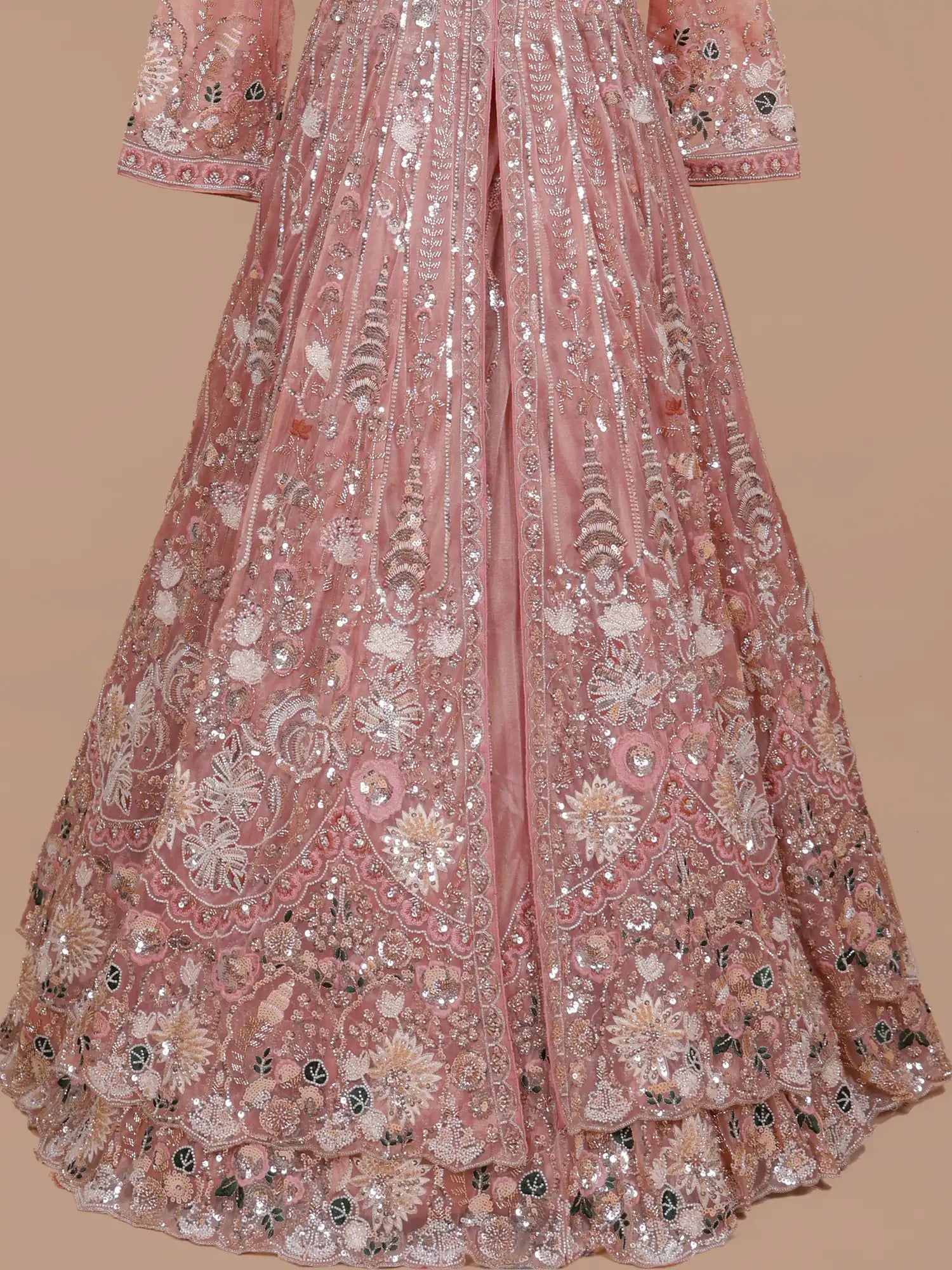 Get Beautiful Dark Peach Organza Long Lehenga With Center Cut Design