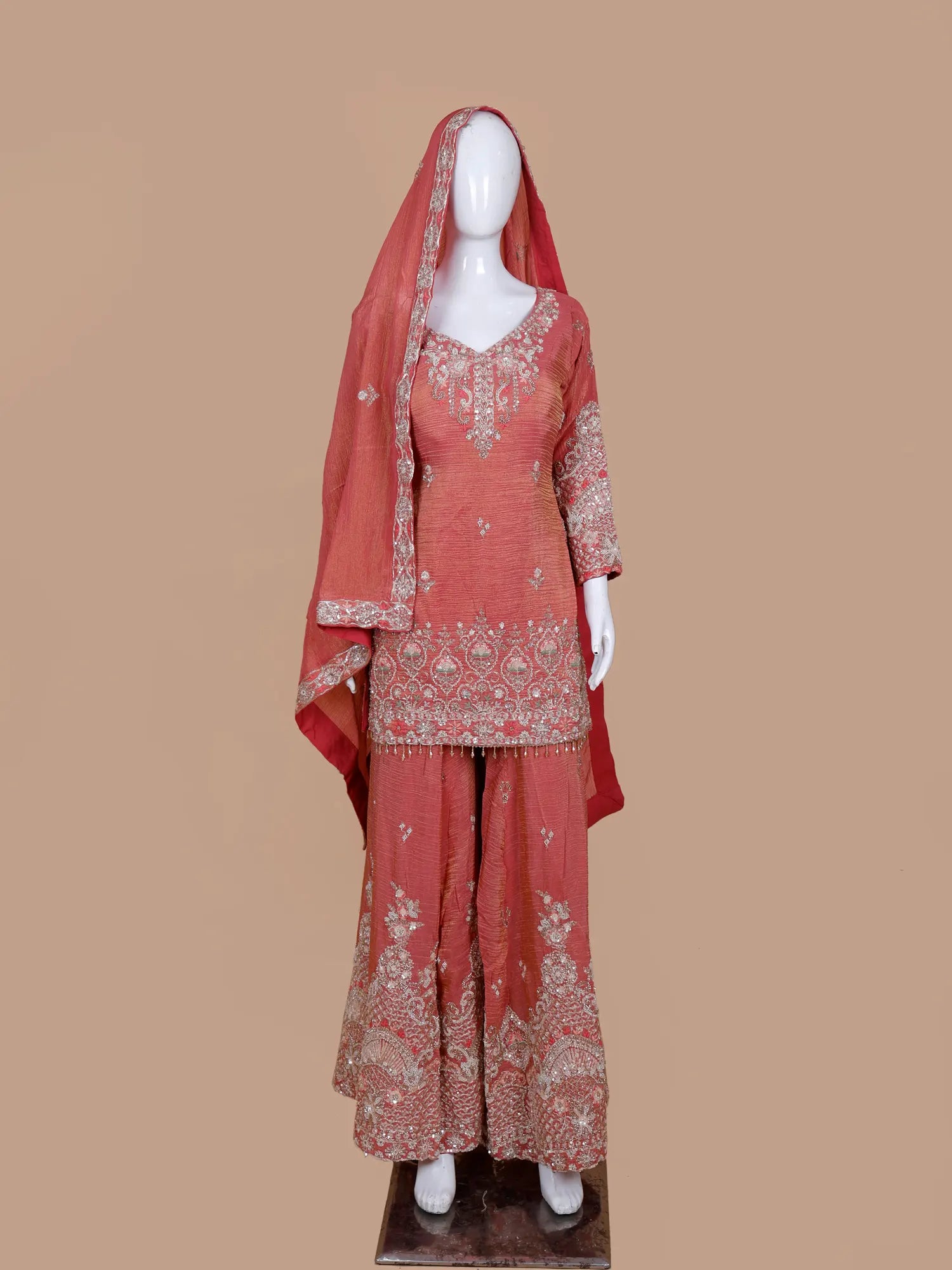 Own Dark Peach Shimmer Silk Palazzo Suit In Designer Threadwork
