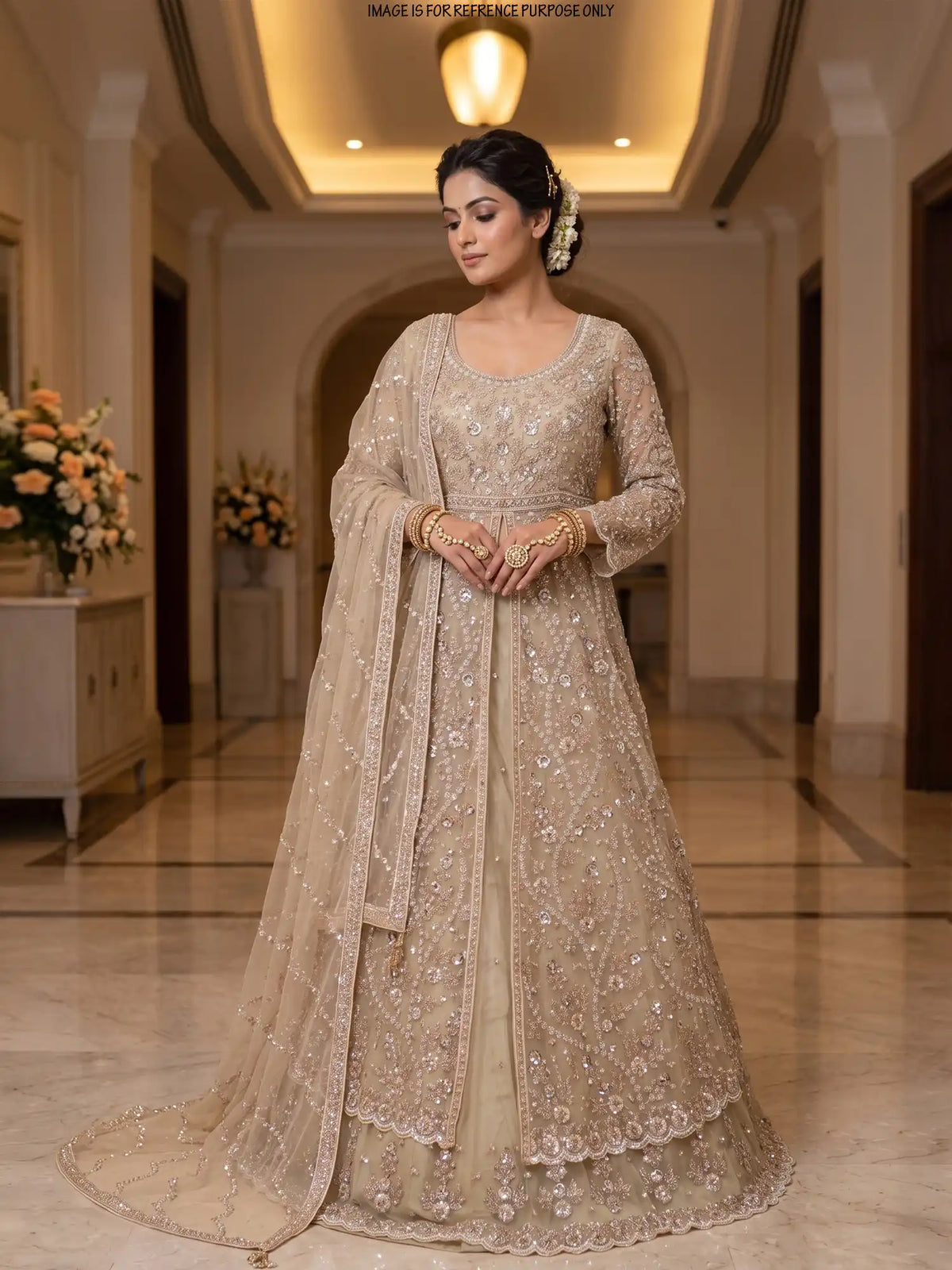 Dazzling Champagne Gold Front Open Indo Western Lehenga with Beaded Detailing