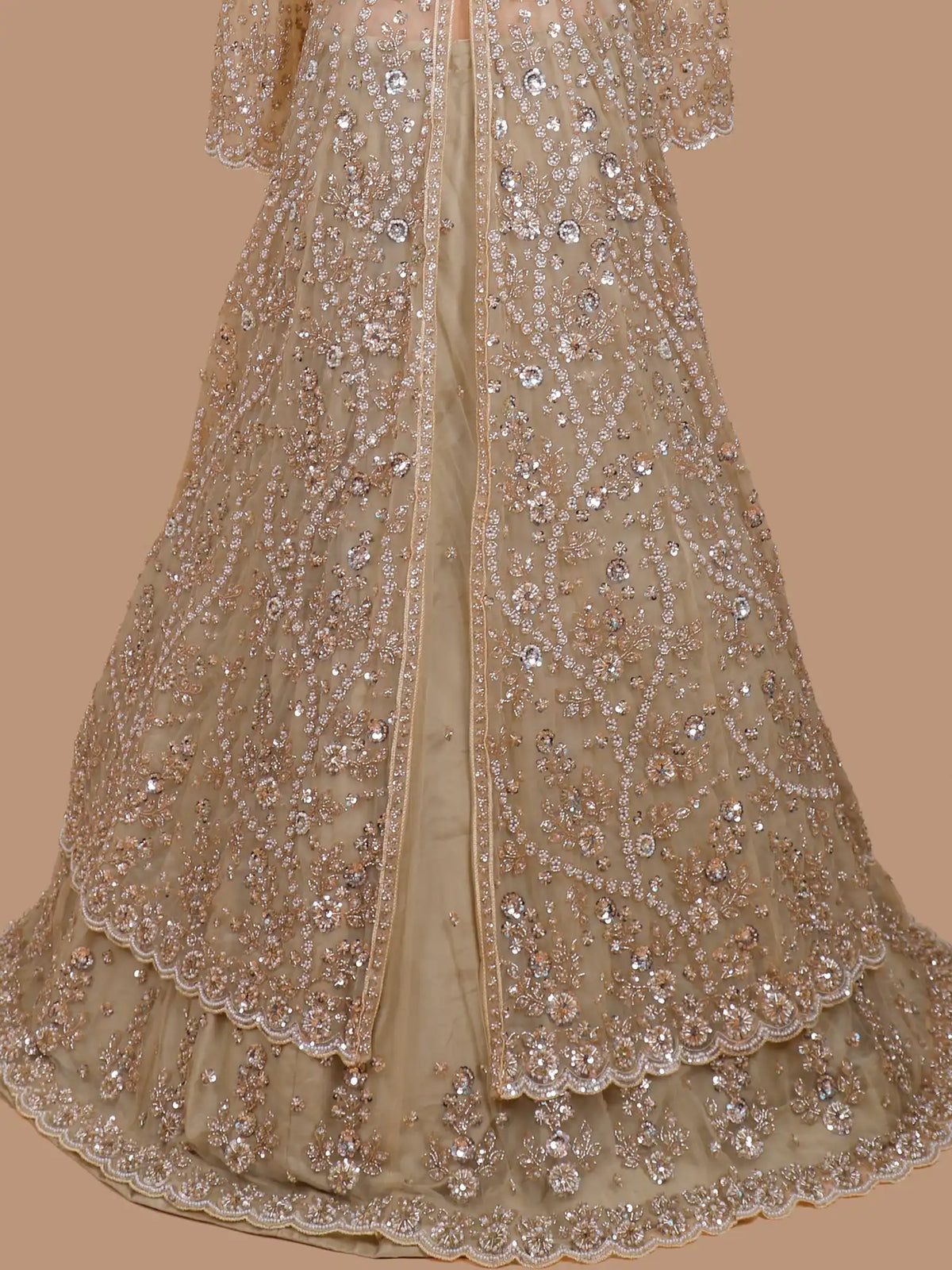 Dazzling Champagne Gold Front Open Indo Western Lehenga with Beaded Detailing