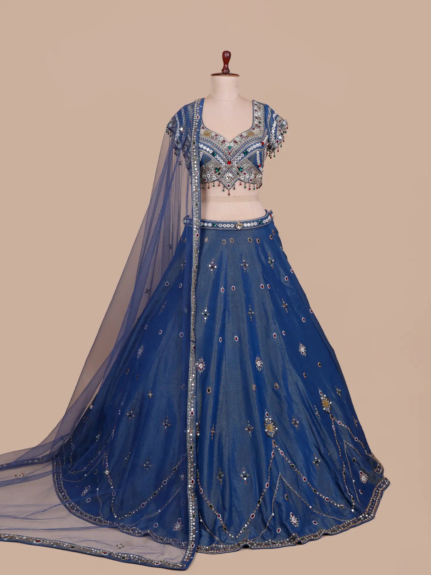 Royal Navy Blue Shimmer Organza Lehenga With Signature Gemstone Finish
