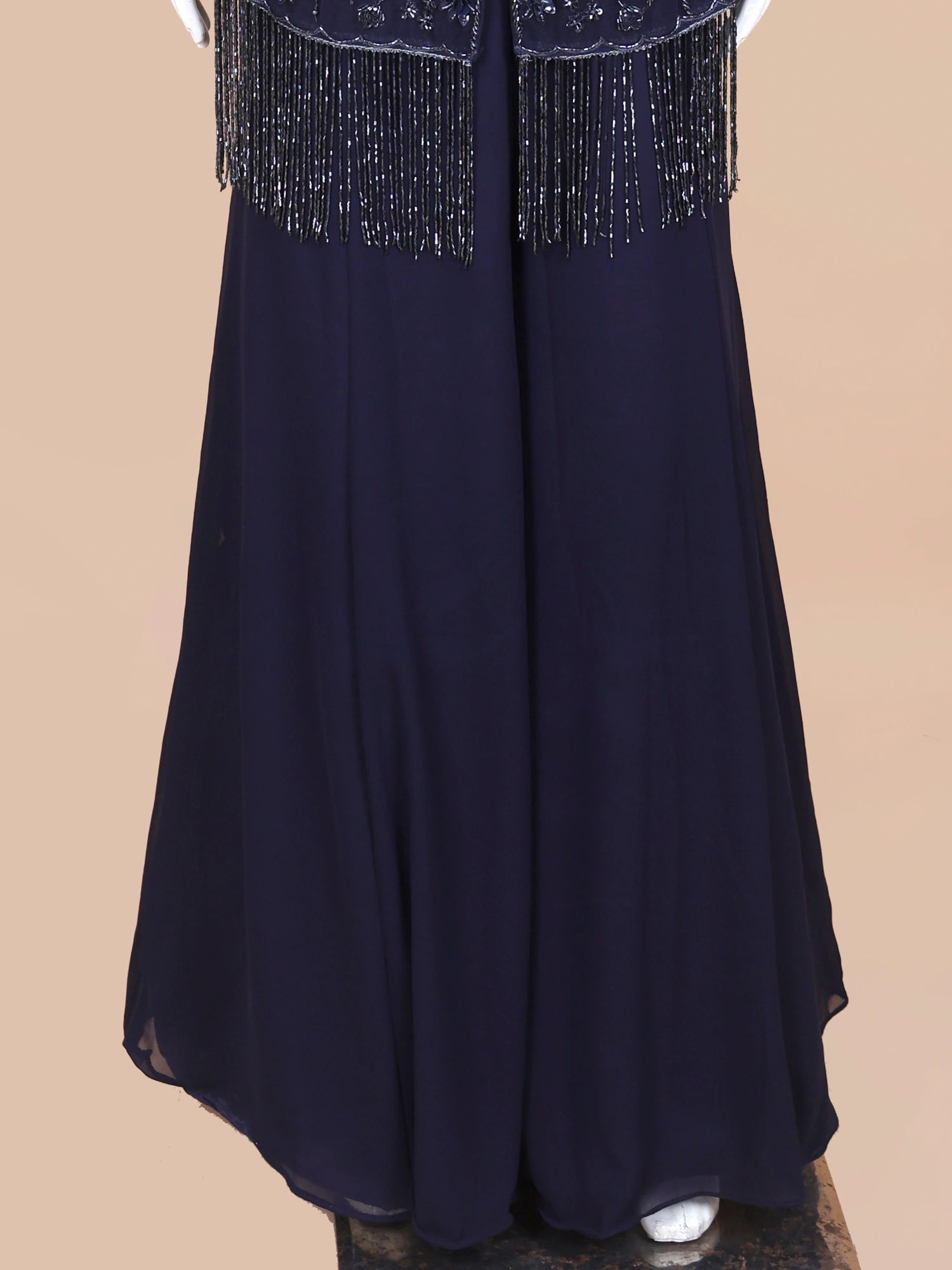Exclusive Navy Blue Georgette Indo Western palazzo suit Featuring Sheer Shrug