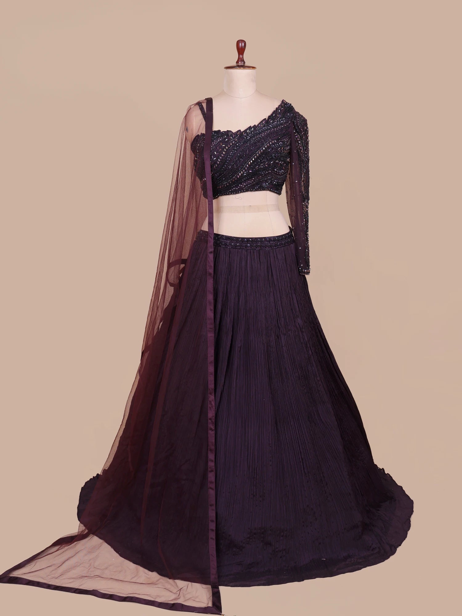 Wine Chinon One-Sleeve Designer Lehenga With Moti Sequin Detailing