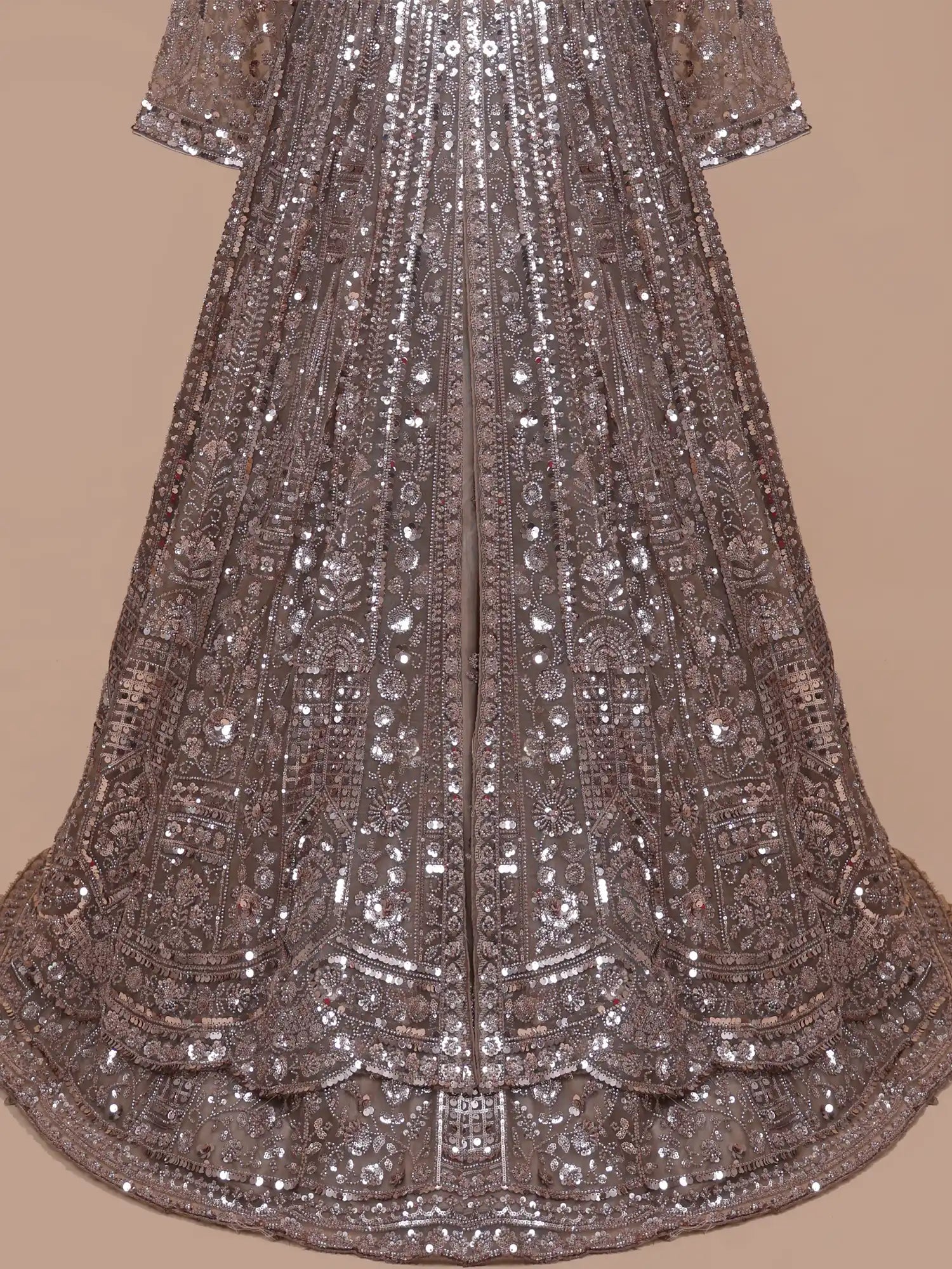 Unveil Dark Copper Designer Net Long Lehenga With Center Cut Design