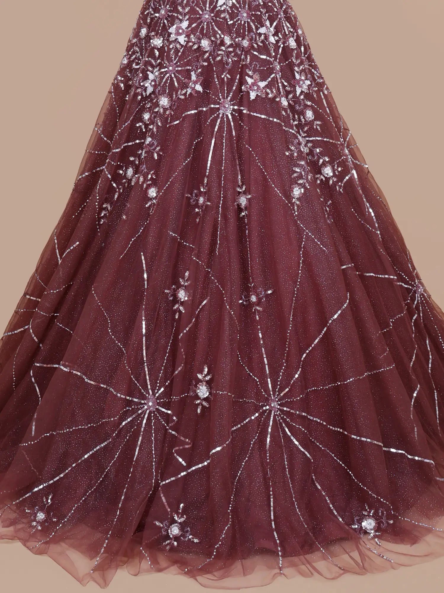 Luxury Maroon Long Couture Gown Accented By Feather And Diamond Work