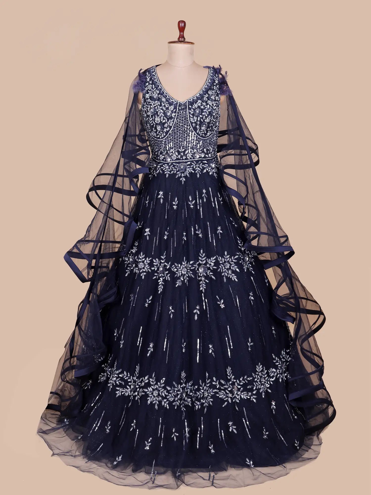 Royal Navy Blue Designer Net Long Gown For Grand Occasions