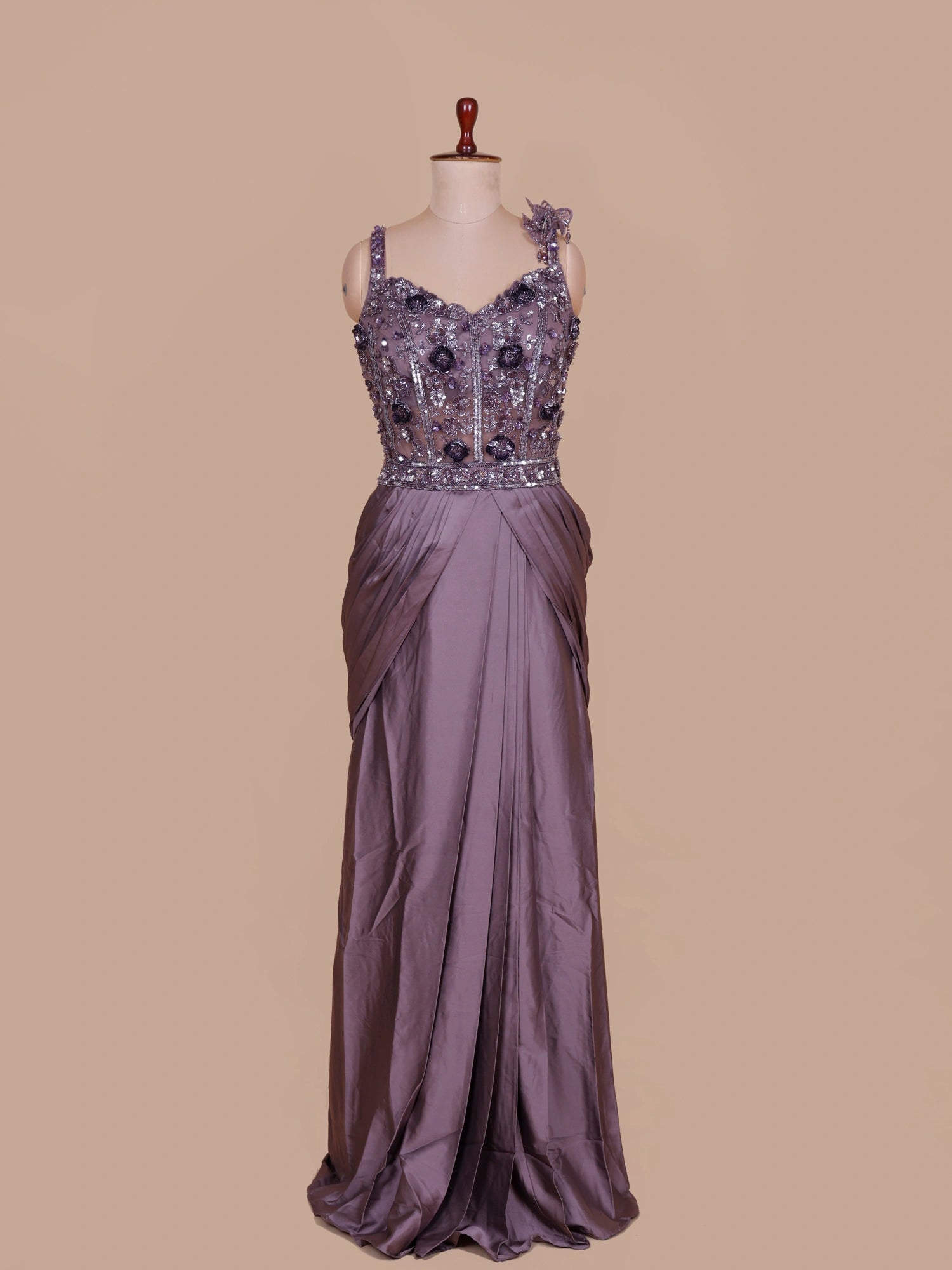 Purple Satin Silk Long Indo Western Saree Highlighted By Sequin Moti Work