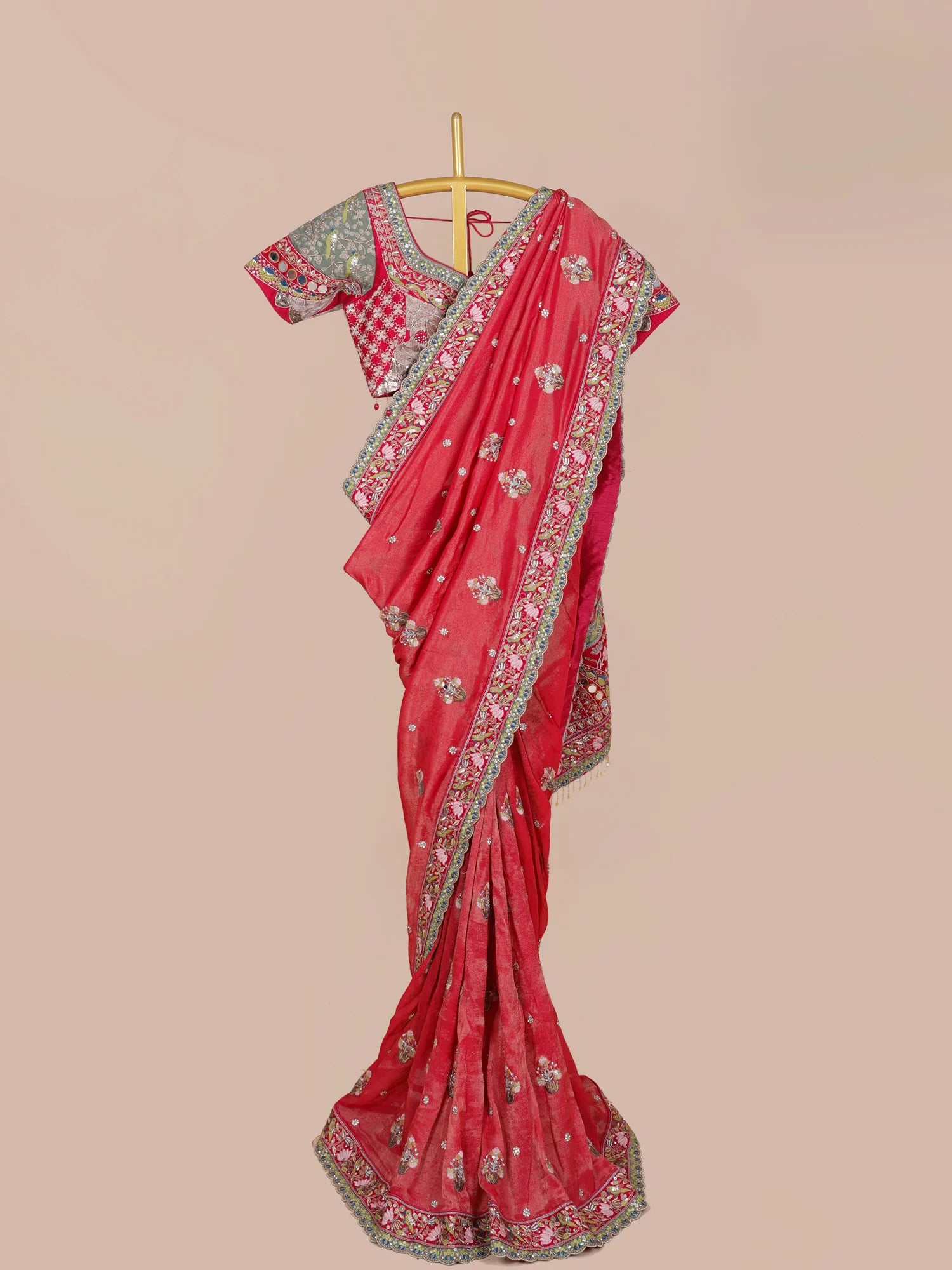 Crimson Red Shimmer Organza Designer Saree With Couture Finish
