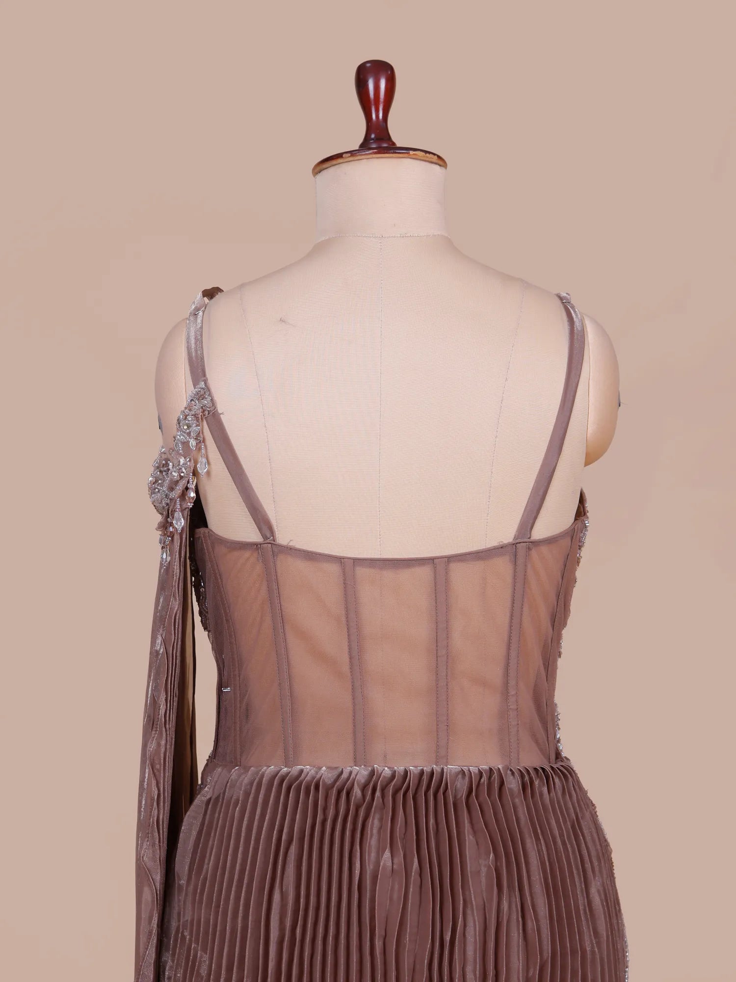 Brown Organza Designer Indo Western Saree Finished With Sequin And Moti Detailing