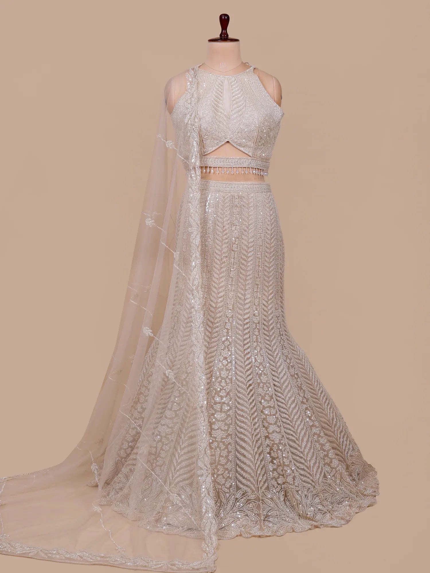 Shop Champagne Net Fishcut Lehenga Online With Sequins Work