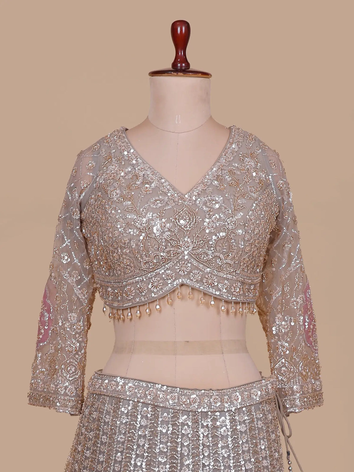 Chickoo Net Couture Lehenga Choli with Applique Embellishment