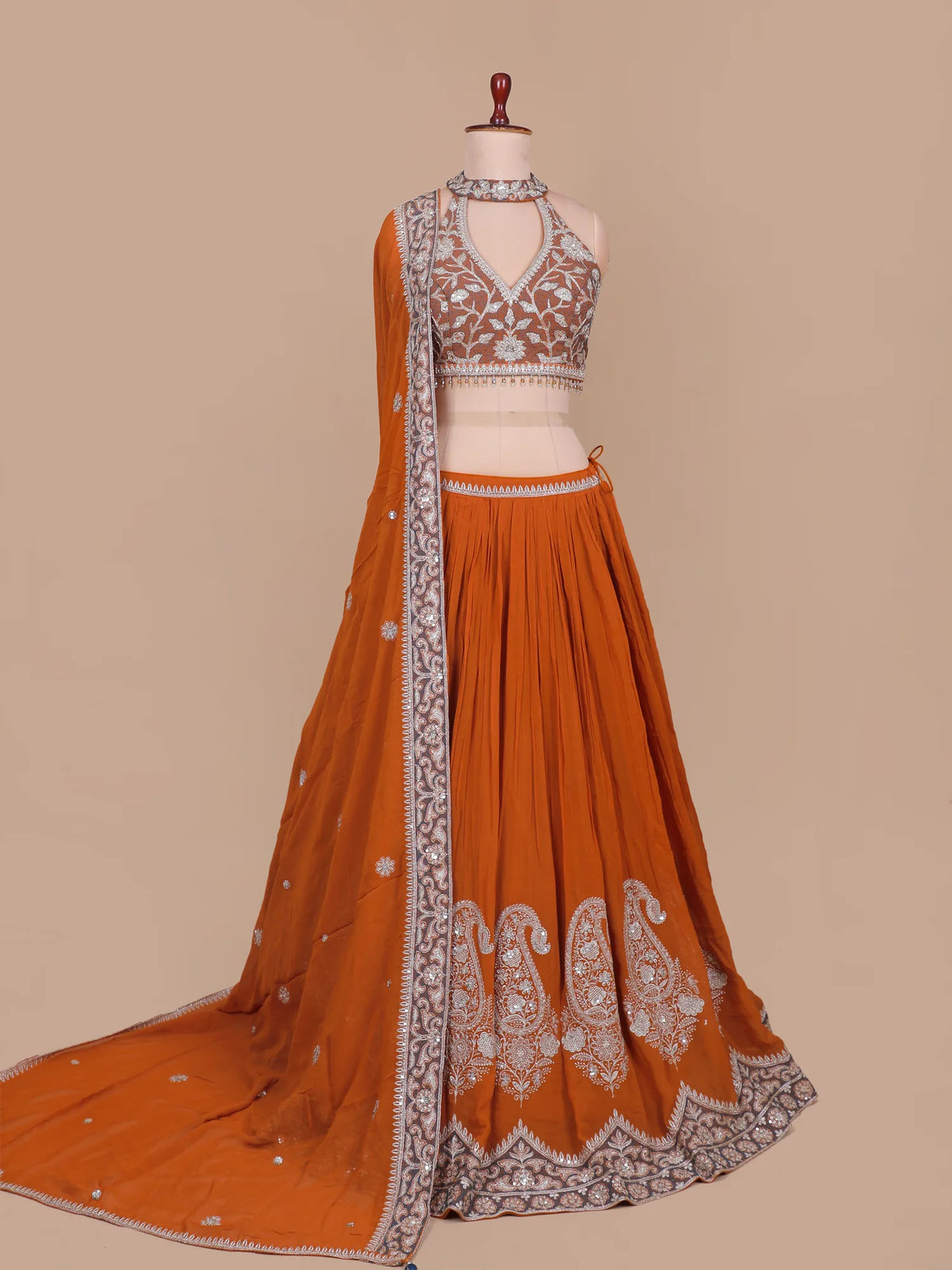 Stylish Rust Orange Chinon Designer Lehenga Choli With Machine Embroidery