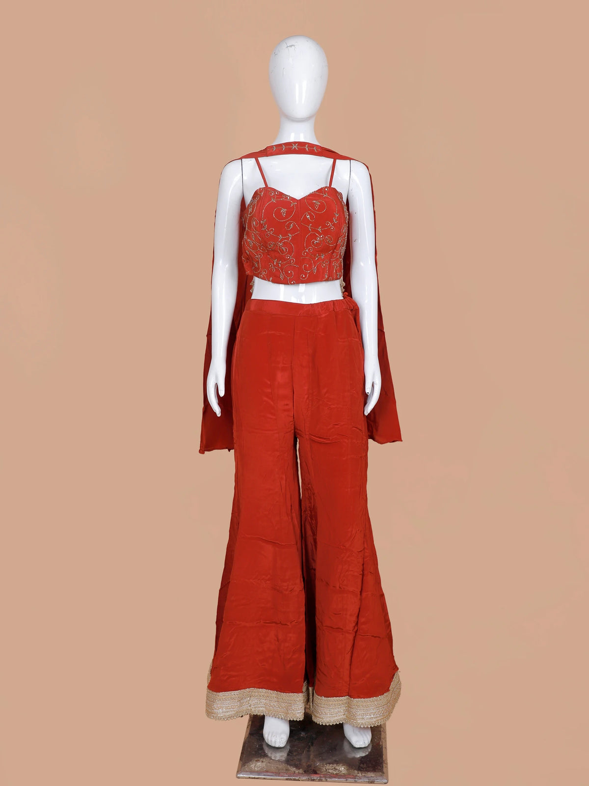 Pick Rust Red Chinon Designer Indo Western Palazzo Suit With Choker Dupatta