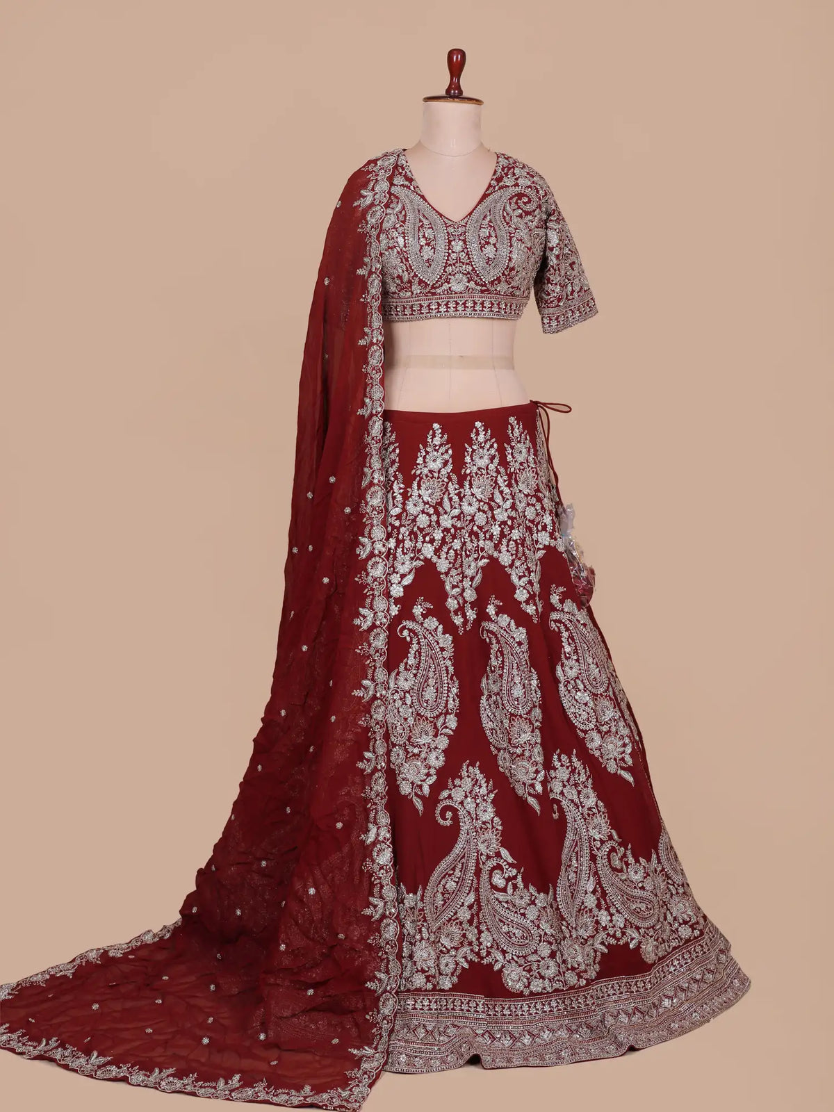 Luxury Maroon Georgette Designer Lehenga Choli With Intricate Dori Embroidery