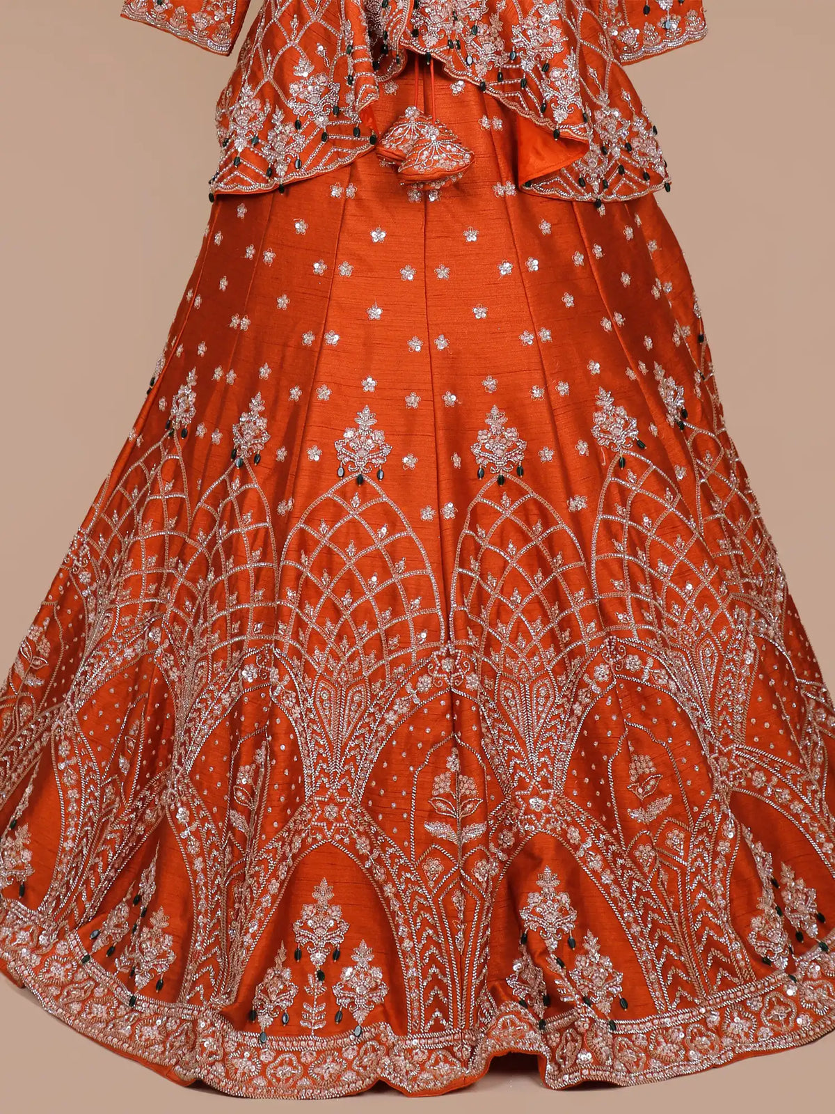 Rust Orange Silk Couture Jacket Style Lehenga Featuring Crystal Pearl Detailing