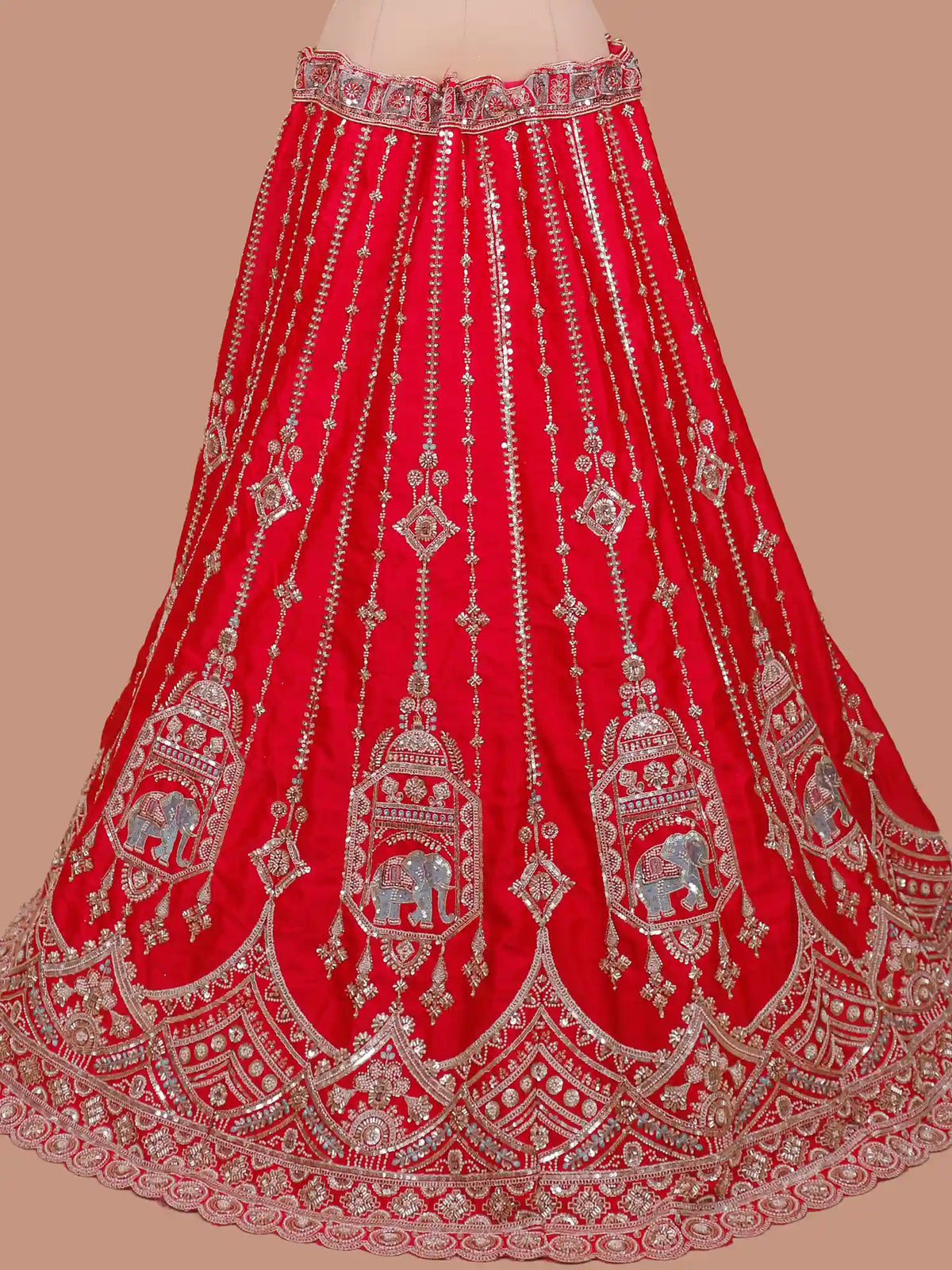 Couture Red Silk Bridal Lehenga Featuring Elephant Jharokha Embroidery