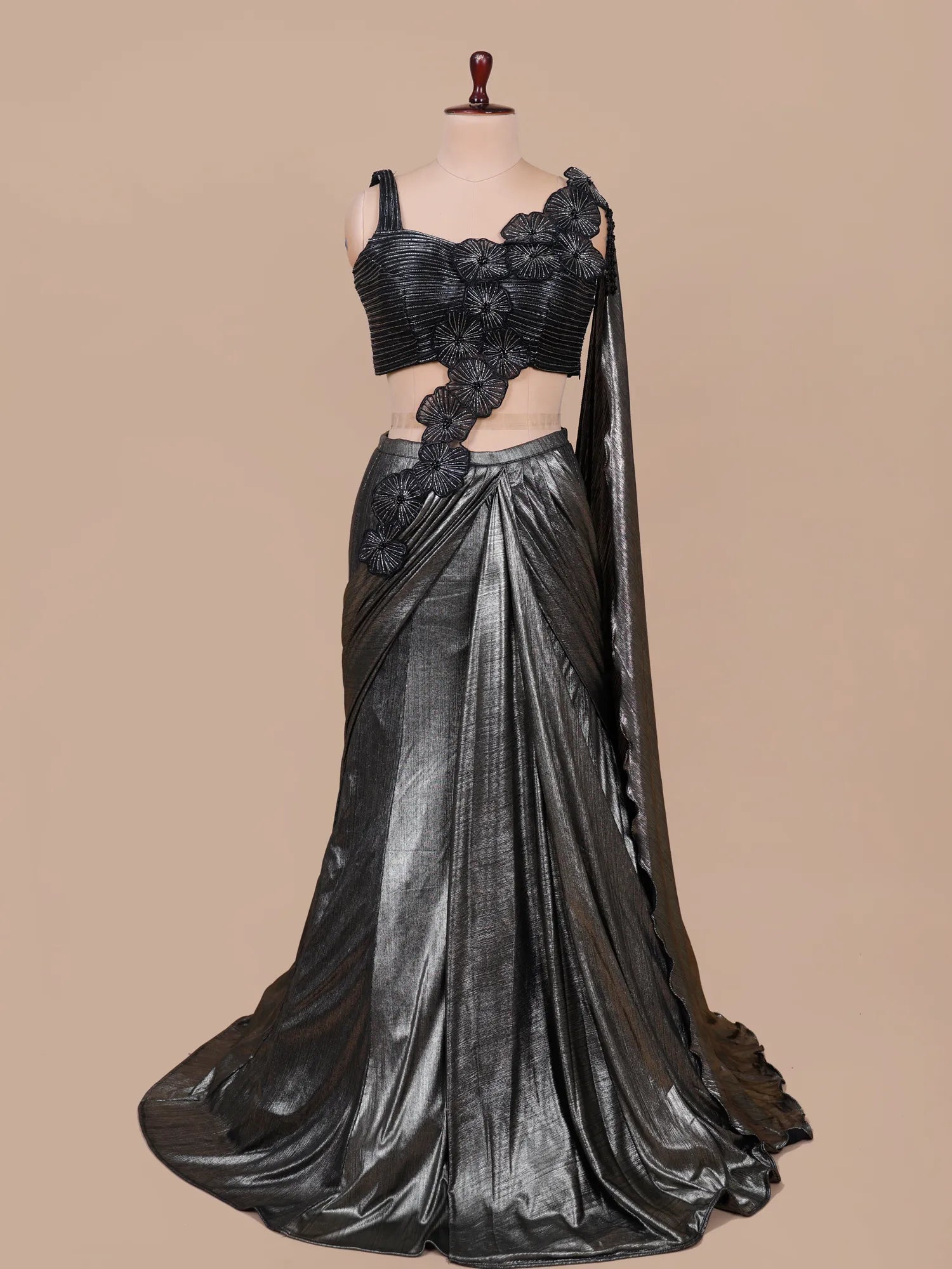 Dark Grey Imported Lycra Pre Draped Saree With Crystal Work