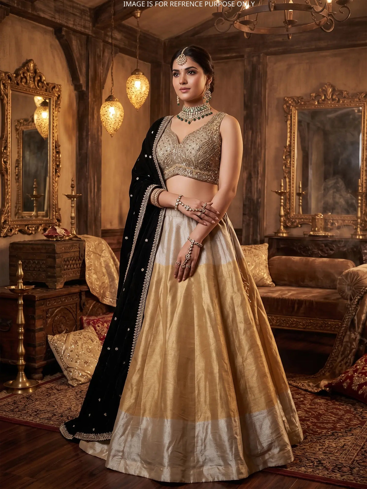 Designer Dual Tone Tissue Lehenga Choli Featuring Black Dupatta And Cut Dana