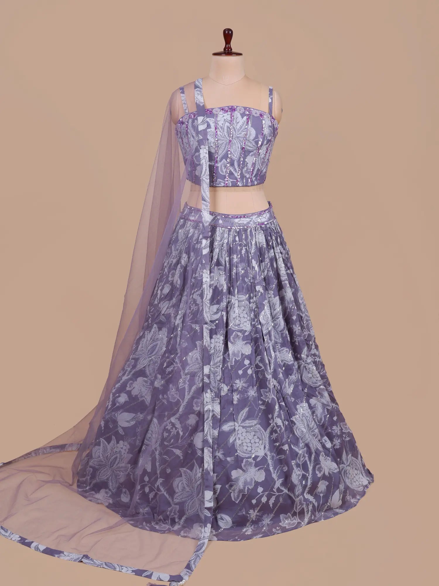 Buy Dusty Purple Floral Crepe Silk Lehenga With Pearl Work