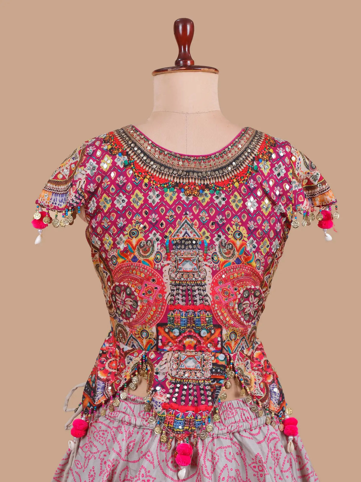 Exotic Multicolor Silk Lehenga with Mirror Work and Unique Tassels