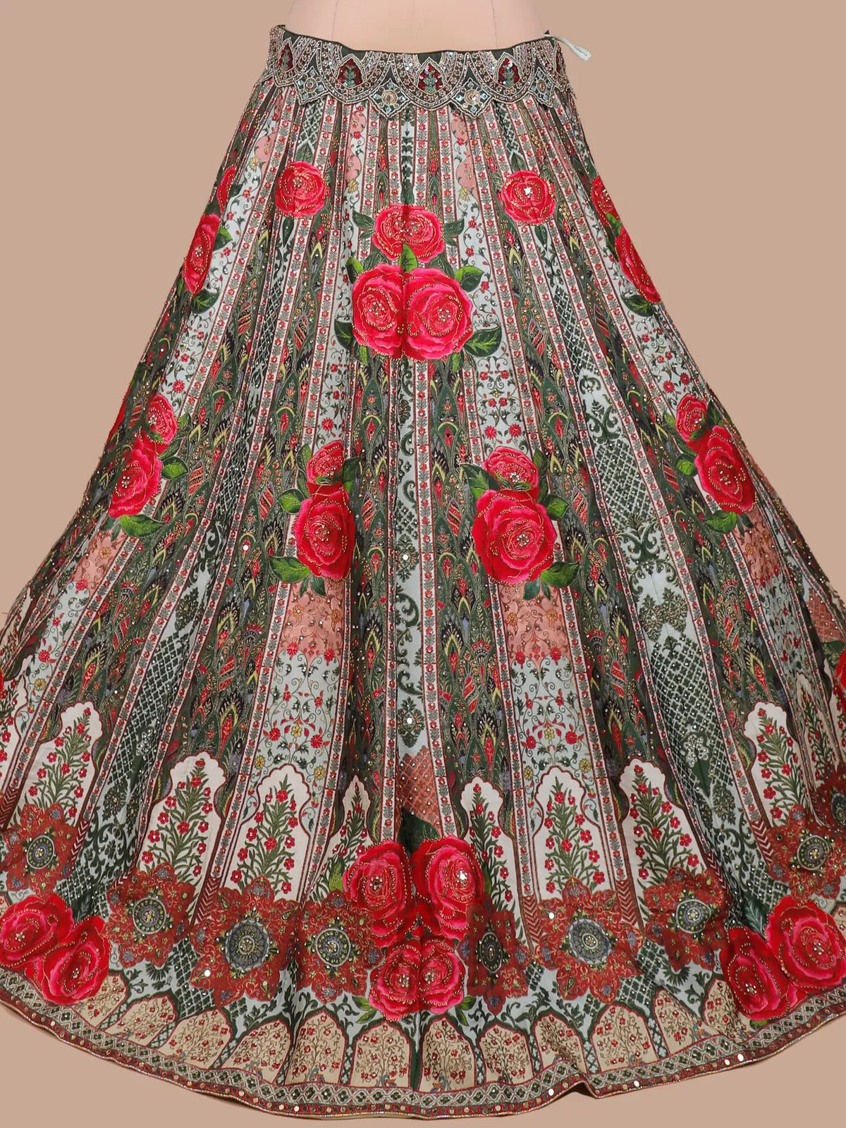 Exclusive Multicolor Silk Lehenga with Red Rose Print and Beaded Jacket
