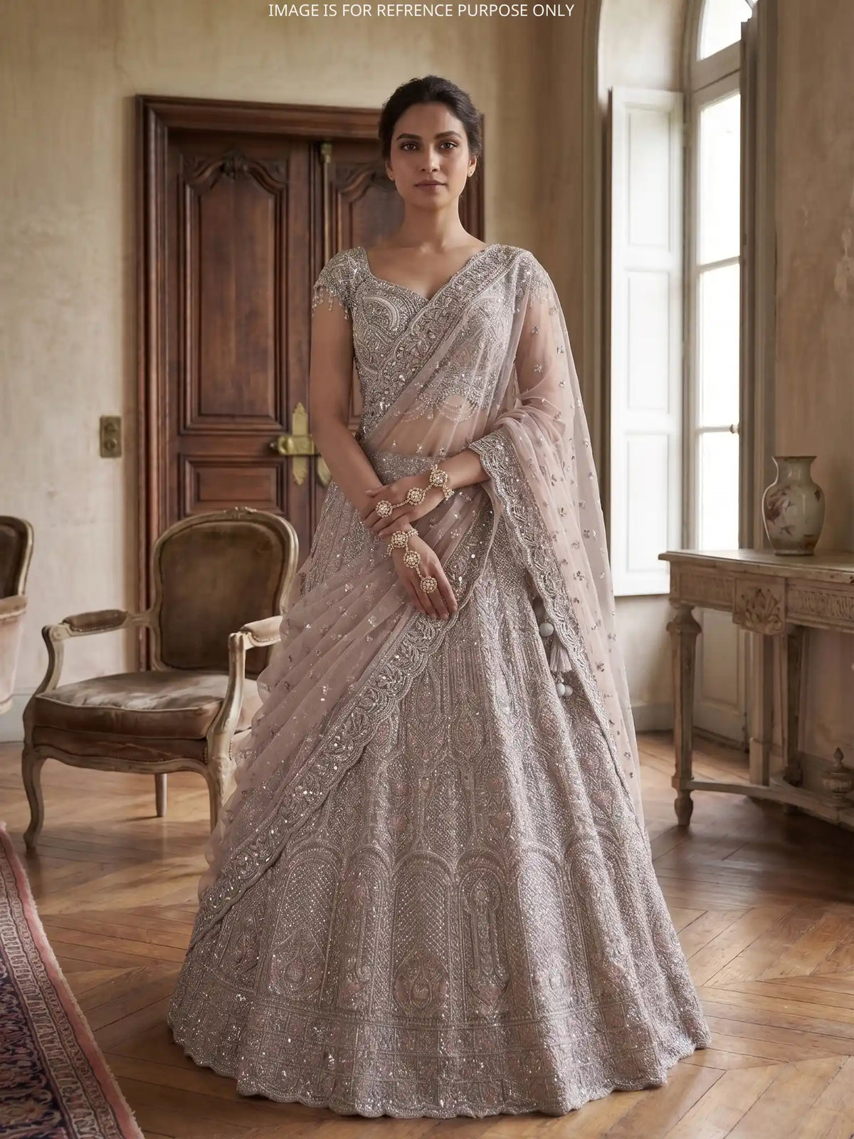 Designer Light Biscuit Lehenga with Pink Embroidery and Mirror Work