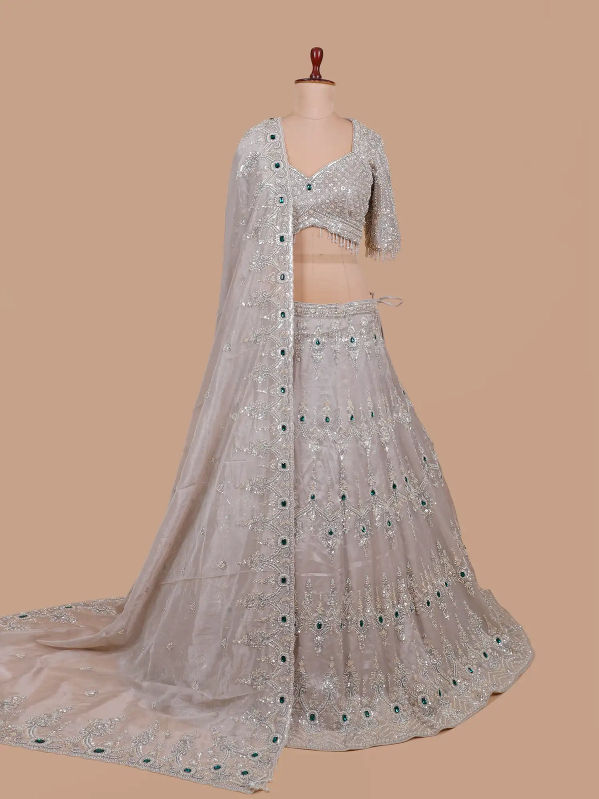 Buy Majestic Light Grey Designer Lehenga Online with Green Stone Highlights