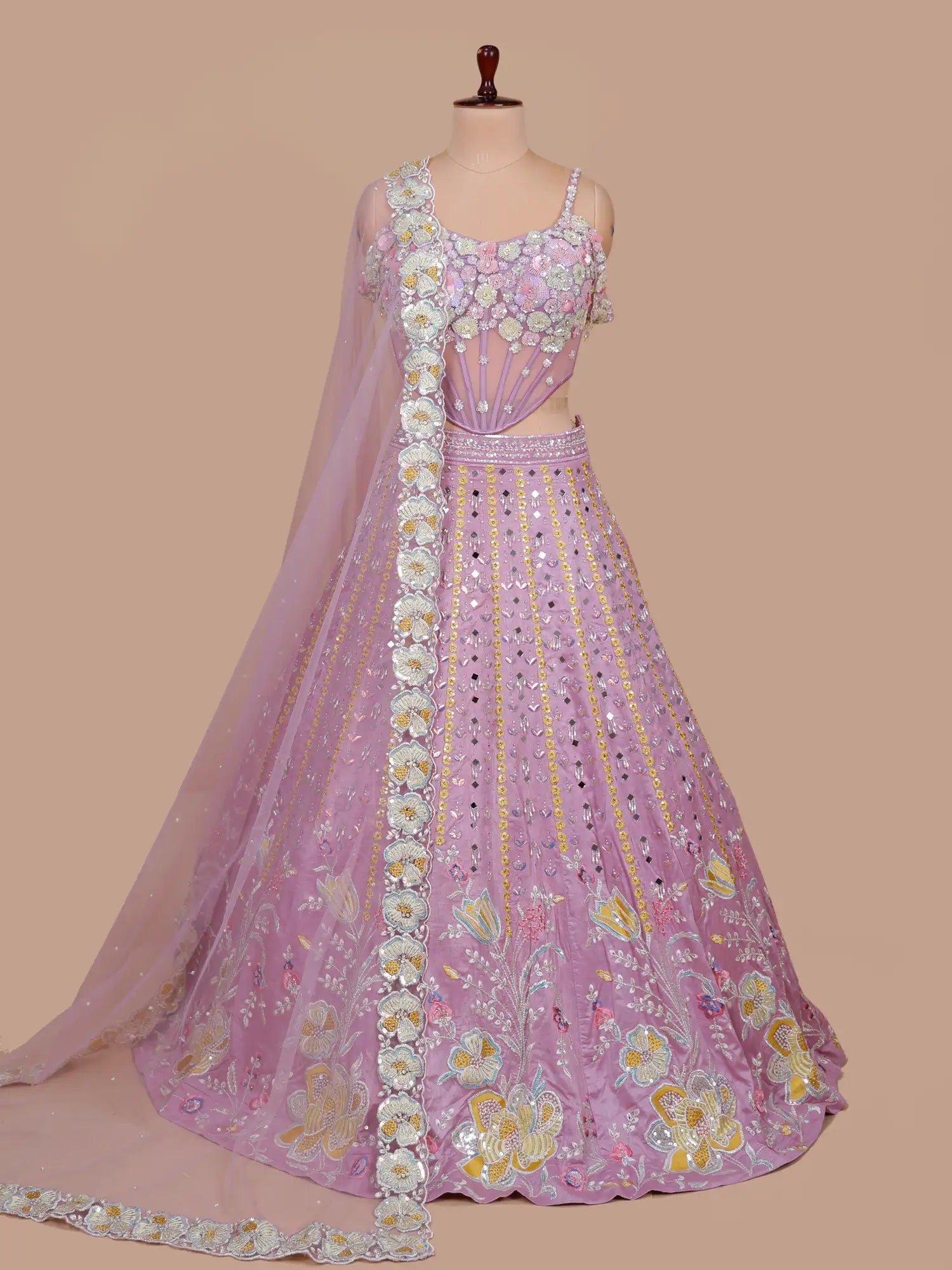 Stylish Lilac Party Wear Silk Lehenga Mirror Diamond Design