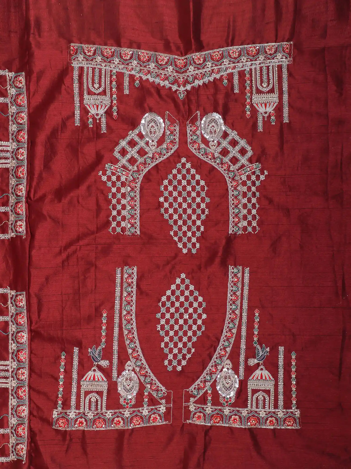 Majestic Maroon Silk Bridal Lehenga with Scenic Royal Palace Embroidery