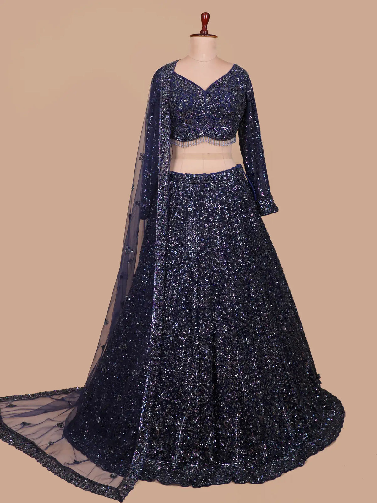 Glamorous Midnight Blue Designer Lehenga with Beaded Floral Patterns