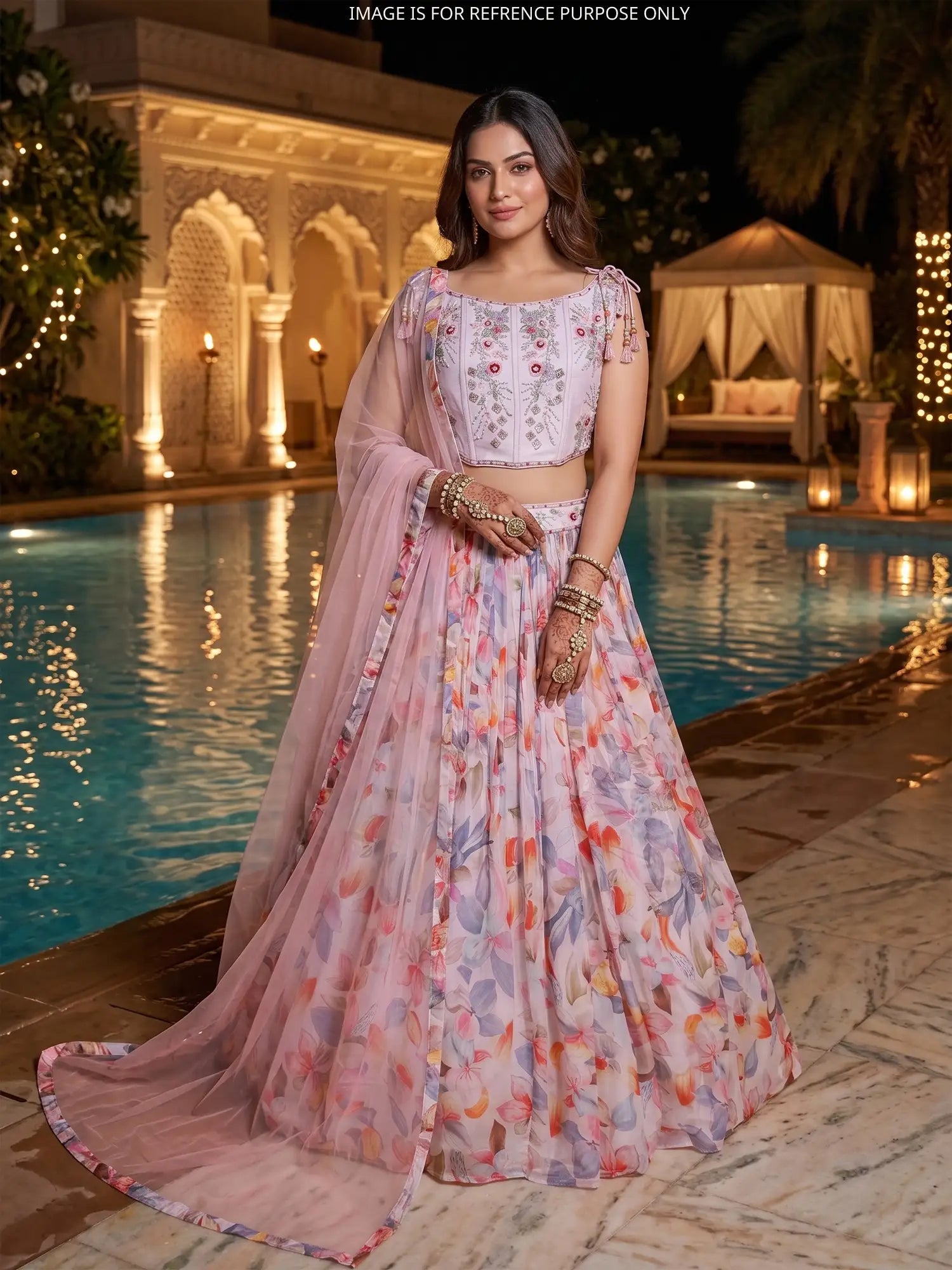 Designer Multi Color Floral Crepe Silk Lehenga With Pearl Design