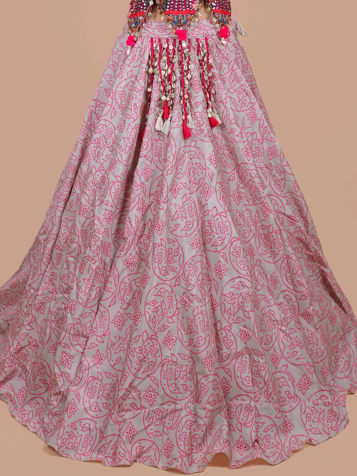 Exotic Multicolor Silk Lehenga with Mirror Work and Unique Tassels