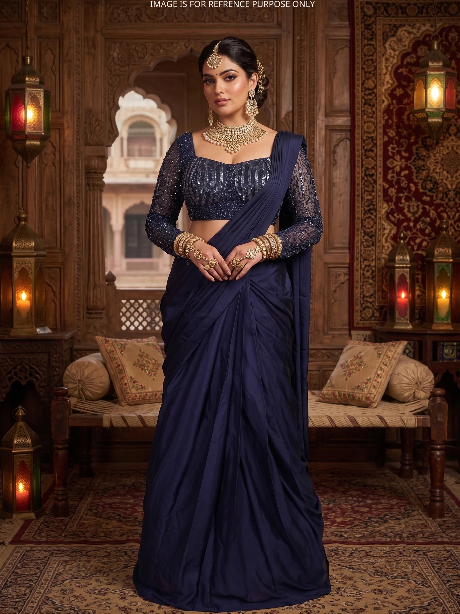 Designer Navy Blue Chinon Drape Saree For Women