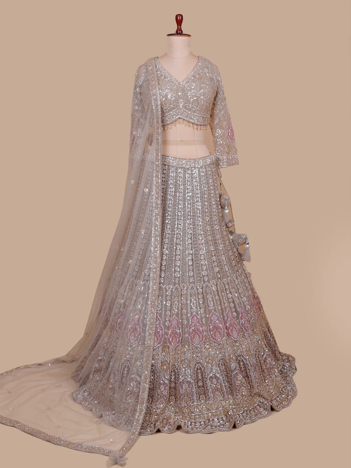 Chickoo Net Couture Lehenga Choli with Applique Embellishment