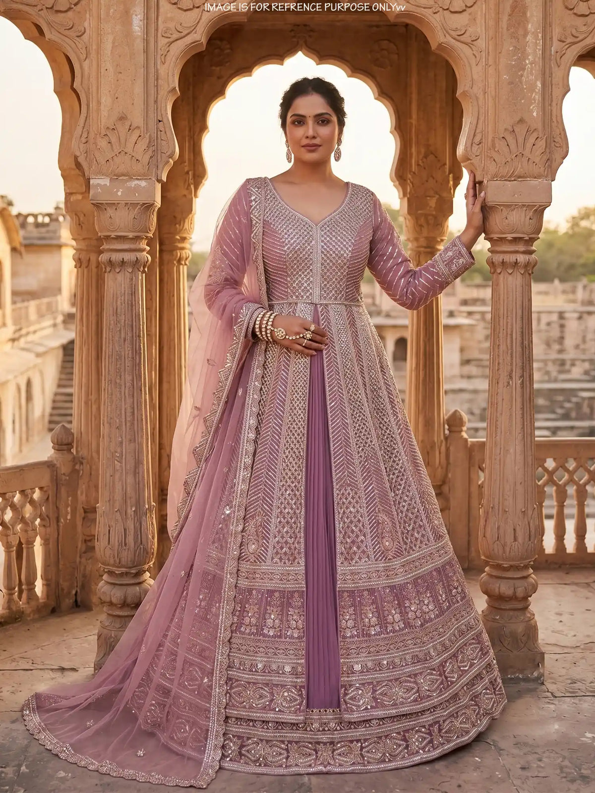 Designer Onion Pink Front Cut Indo Western Lehenga with Pearl Bead Detailing
