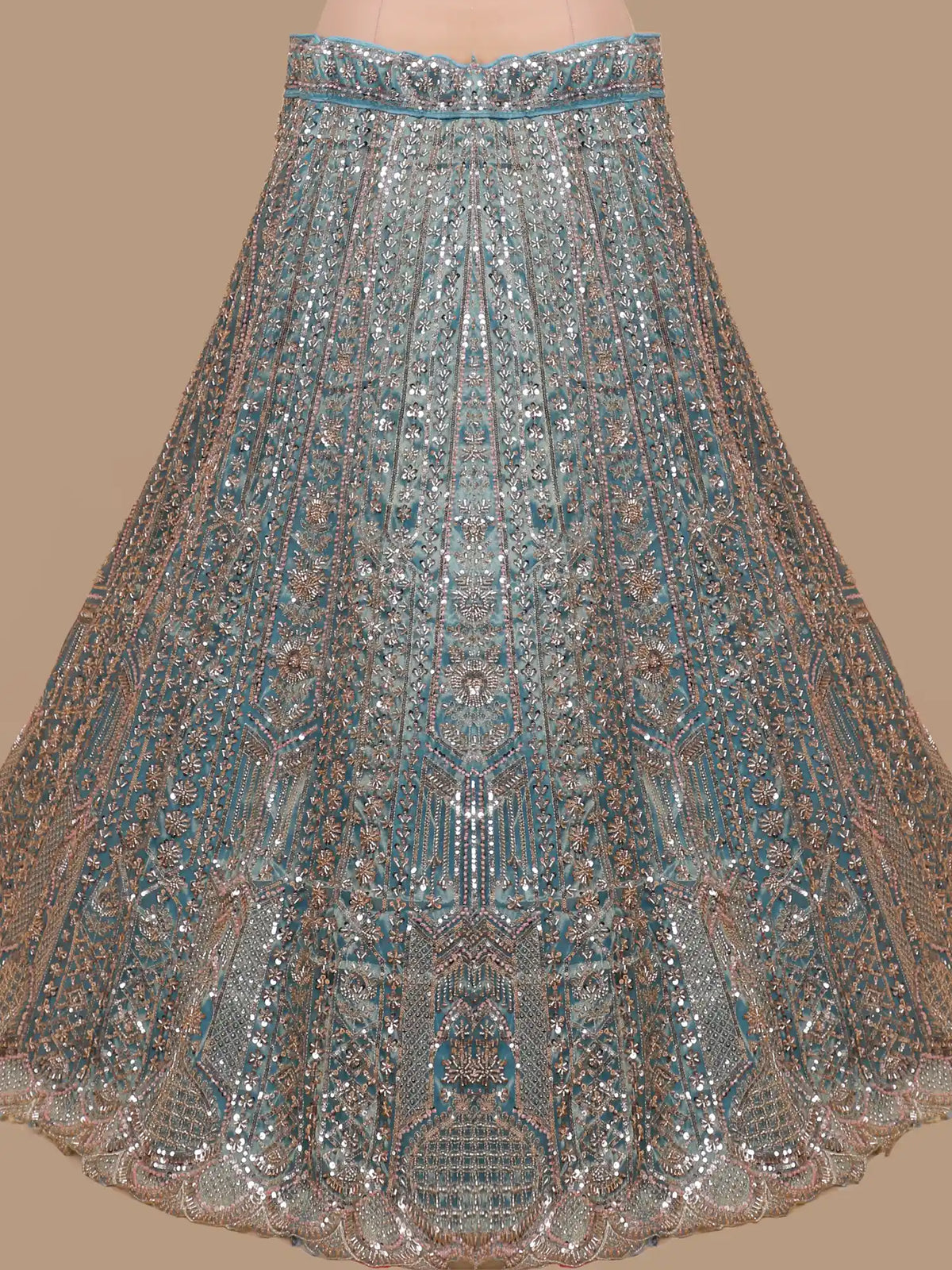 Glamorous Peacock Blue Shimmer Organza Unstitched Lehenga with Sequin Work