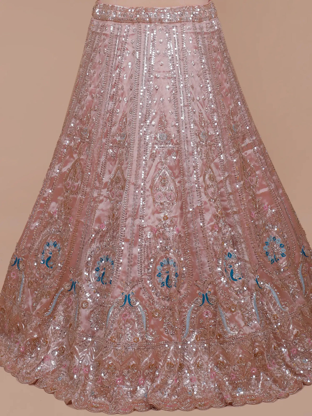 Blush Pink Silk Designer Lehenga Showcasing Peacock and Sequin Embroidery