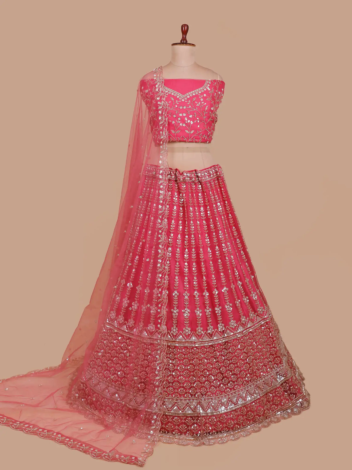 Buy Modern Pink Net Unstitched Lehenga Featuring Silver Floral Embroidery