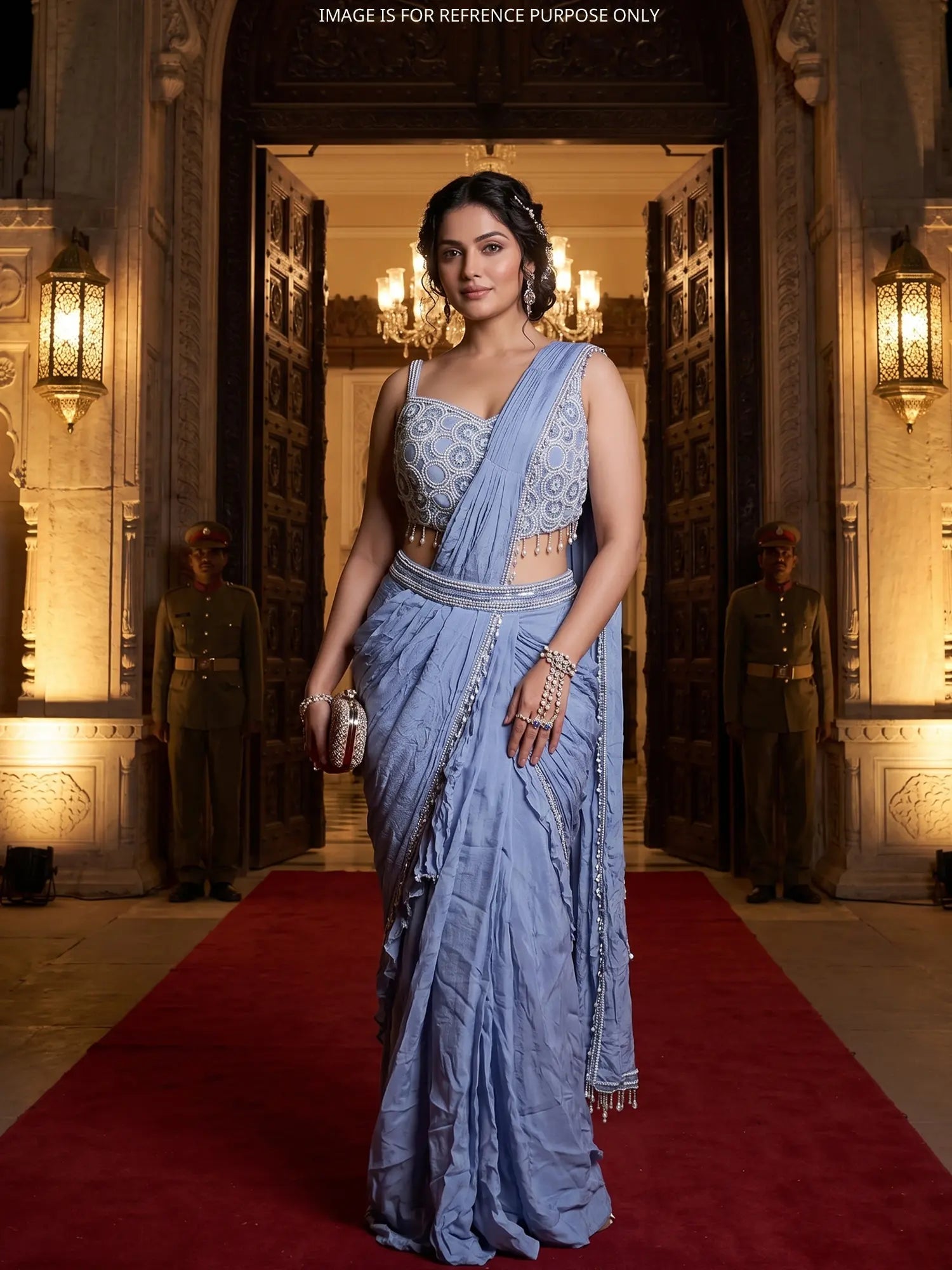Designer Powder Blue Pre Draped Saree For Party Wear
