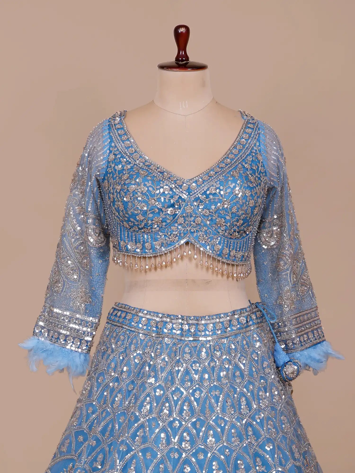 Buy Iconic Sky Blue Designer Lehenga With Rich Feather Embroidery
