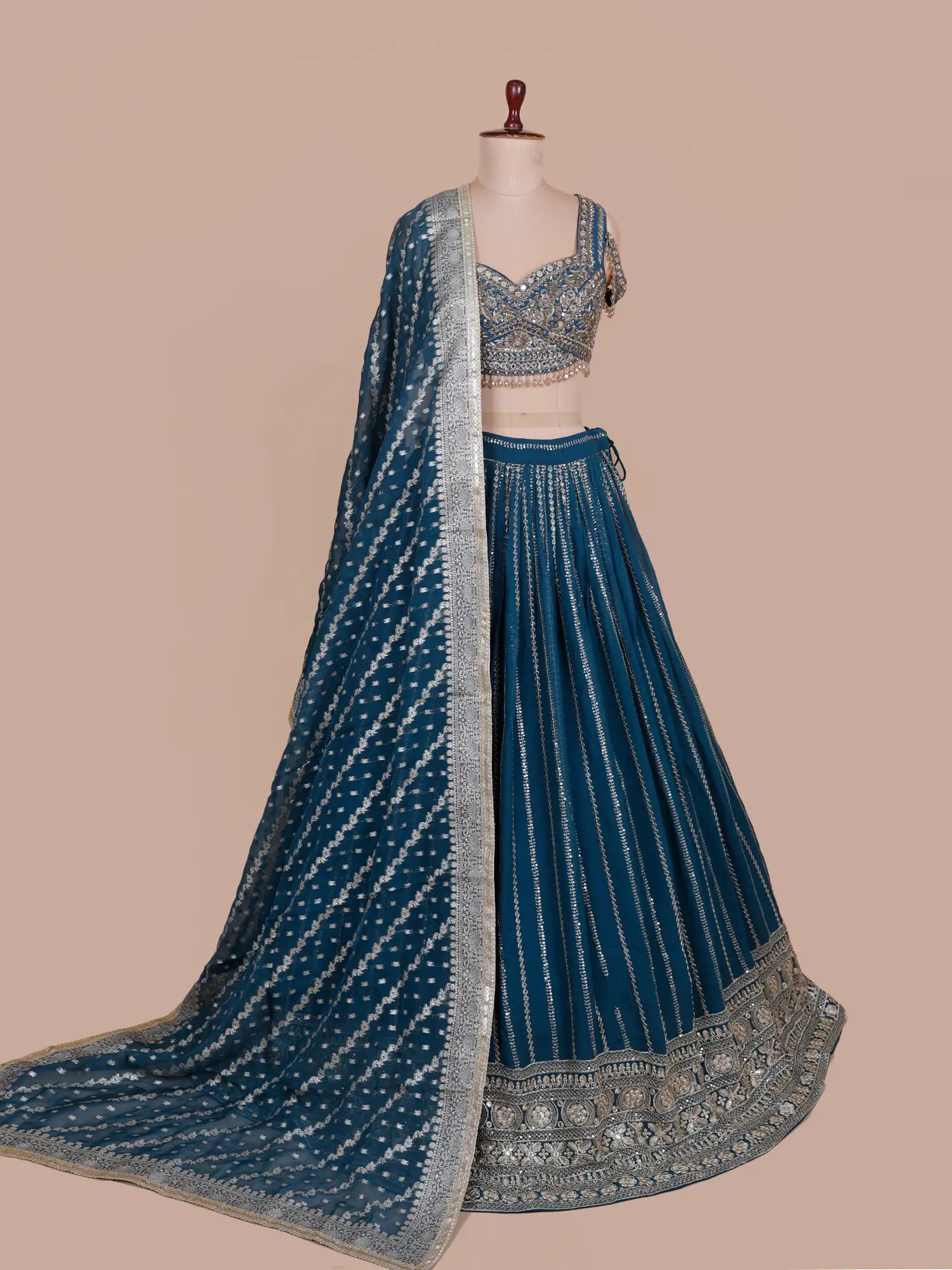 Rama Blue Designer Lehenga Detailed In Machine Embroidery