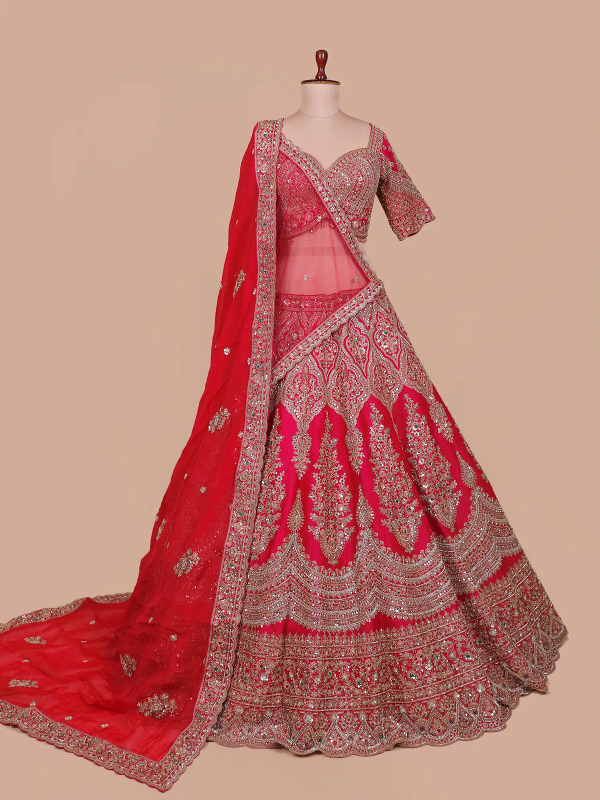 Rani Silk Designer Wedding Lehenga with Floral Embroidery and Stone Accents