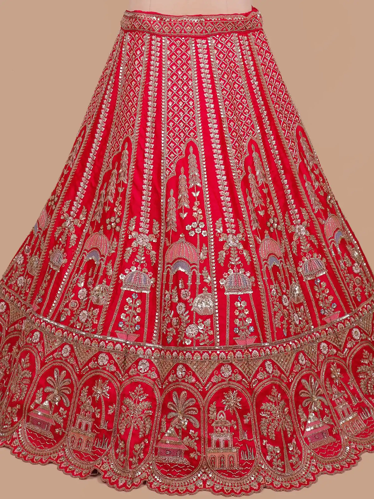 Red Silk Bridal Lehenga Featuring Architectural Zari and Threadwork