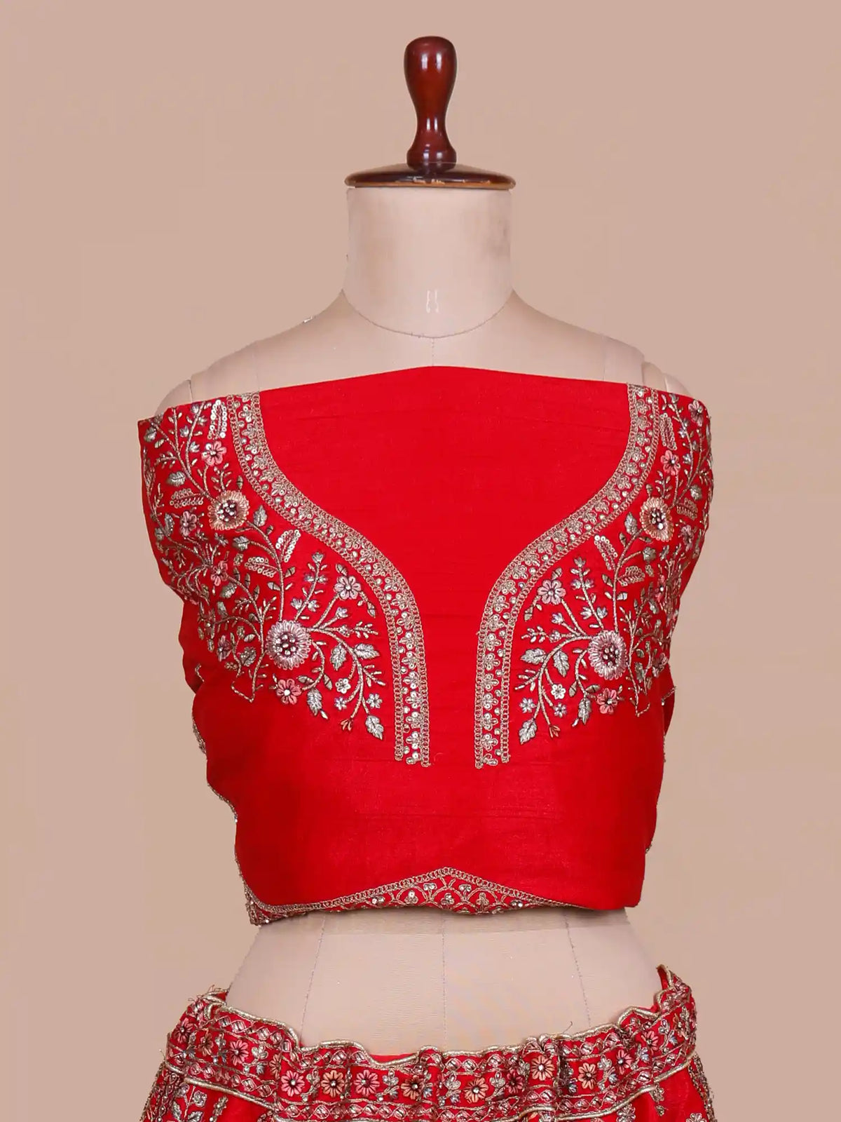 Bridal Story Red Silk Unstitched Lehenga With Peacock Musician Embroidery