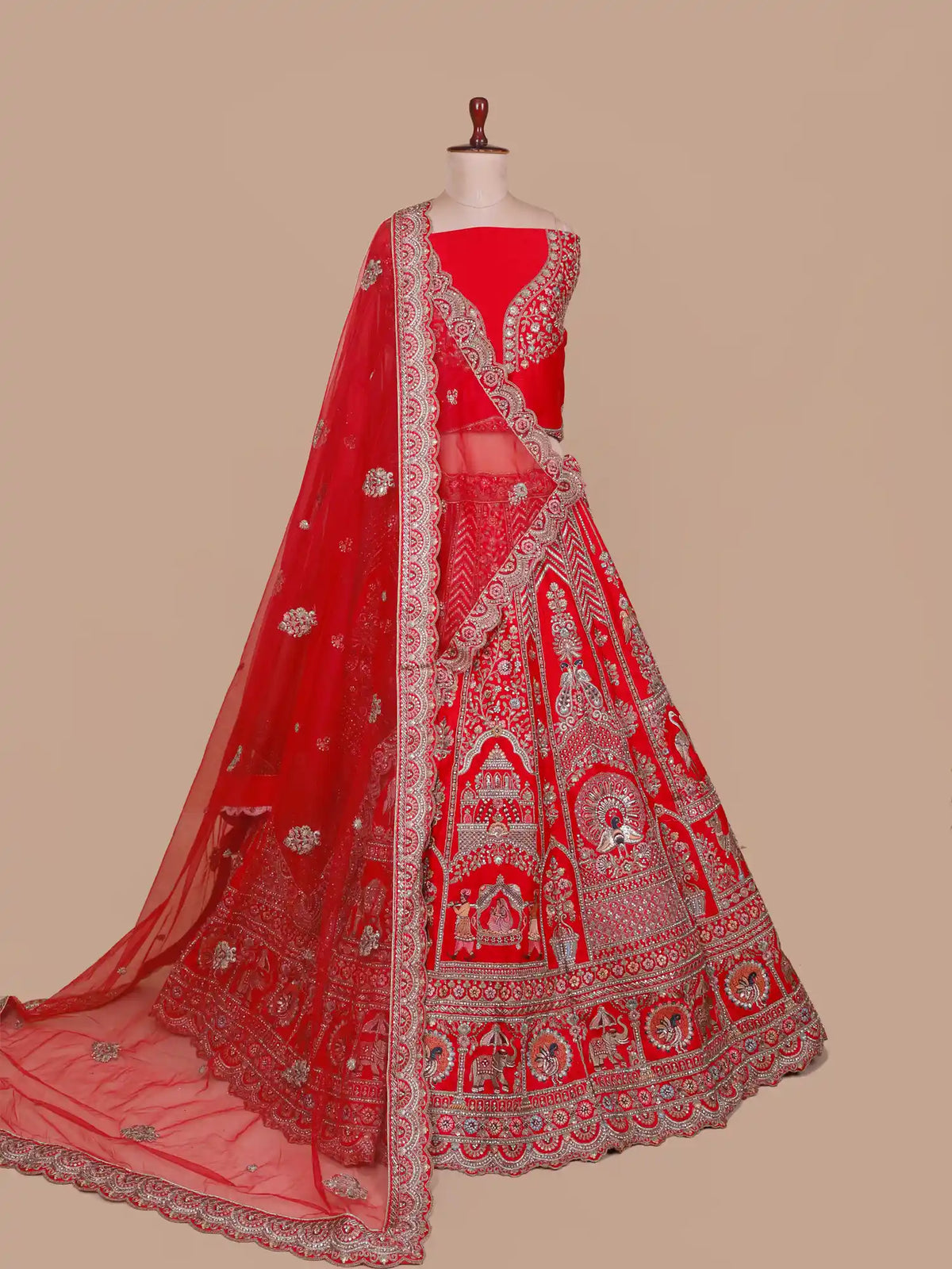 Buy Bridal Tradition Red Silk Lehenga With Elephant And Bride Doli Embroidery