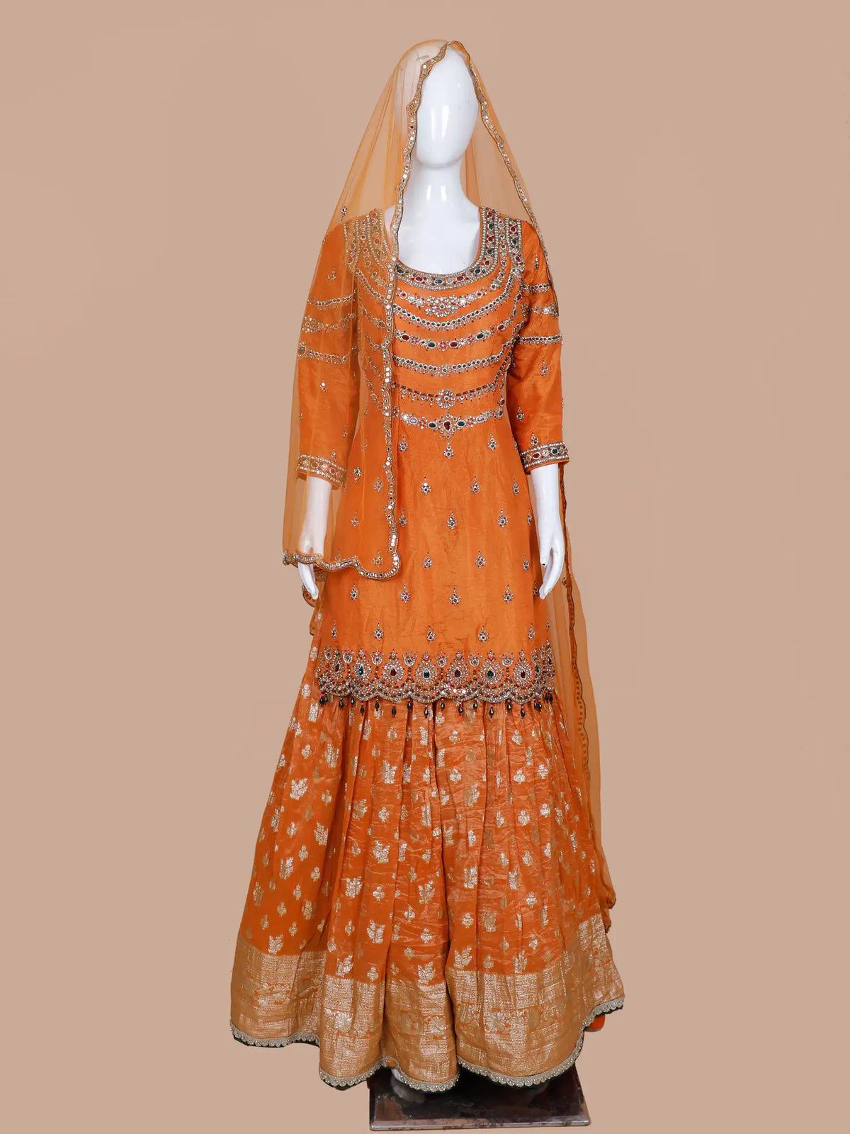 Rust Orange Banarasi Silk Shimmer Palazzo Set with Crystal Stone Detailing